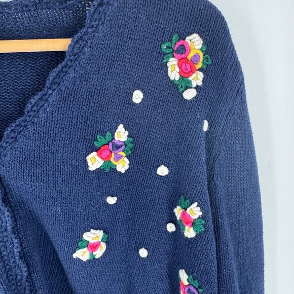 Vintage Erika Floral Embroidered 3D Knit Cardigan Sweater Navy Blue Size Large - Picture 5 of 7